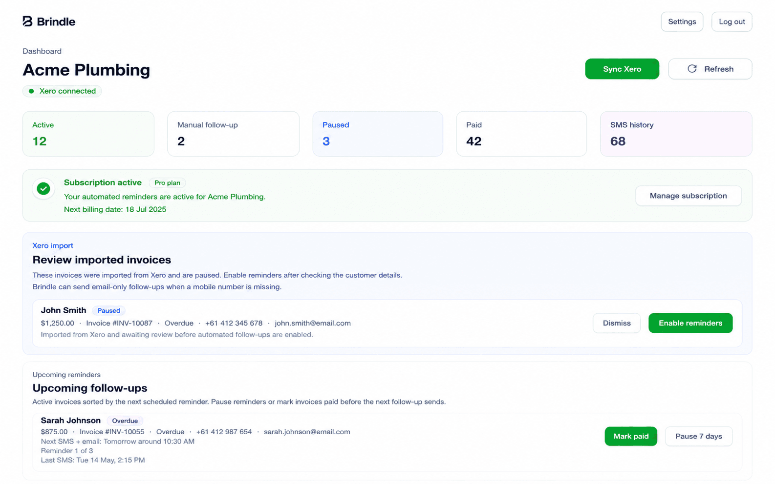 Brindle dashboard showing imported Xero invoices and automated reminders
